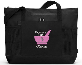 Personalized Pharmacy Tech/Pharmacist Zippered Embroidered tote Bag With Mesh Pockets, Personalized Gift