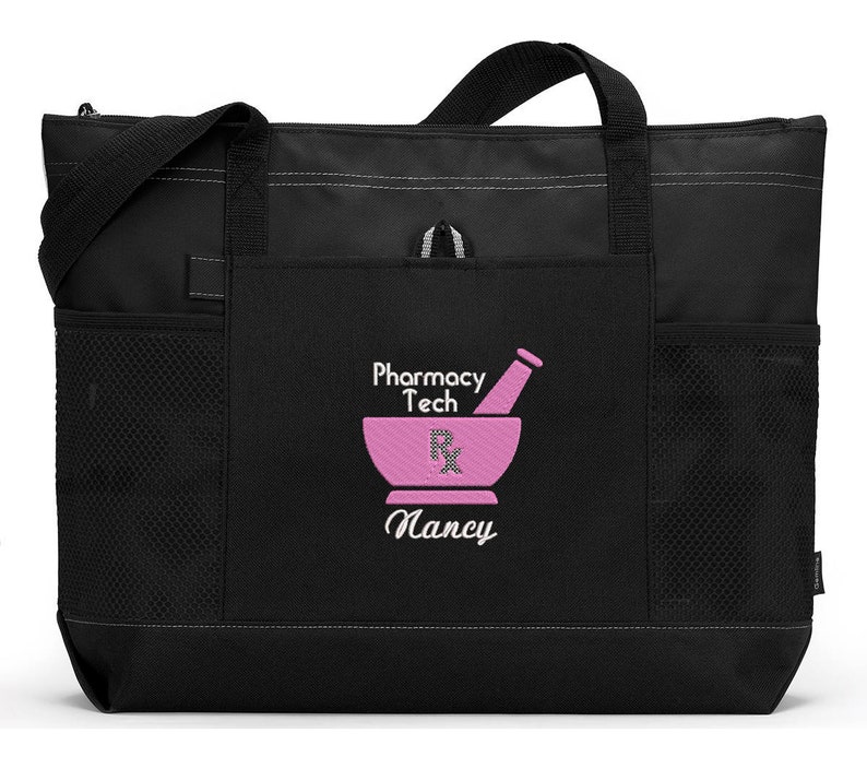 Personalized Pharmacy Tech/Pharmacist Zippered Embroidered tote Bag With Mesh Pockets, Personalized Gift Black