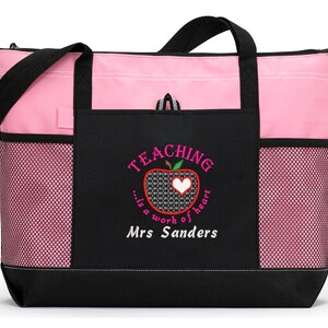 Teaching is a Work of Heart Personalized Tote Zippered Embroidered tote Bag With Mesh Pockets, Beach Bag image 5