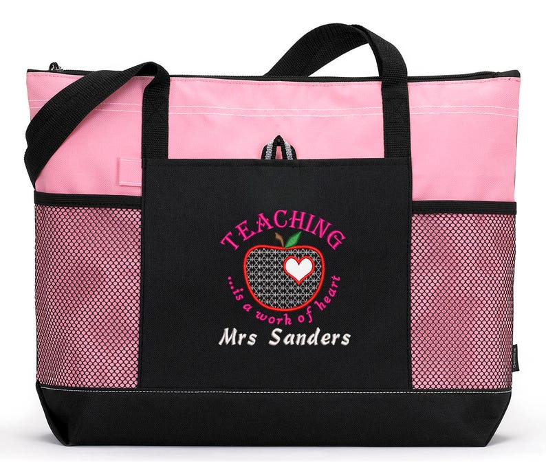 Teaching is a Work of Heart Personalized Tote Zippered Embroidered tote Bag With Mesh Pockets, Beach Bag image 5