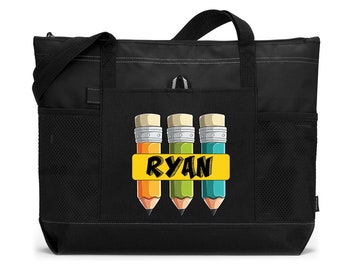 Boy Pencils -  Personalized Printed Tote Bag with Mesh Pockets