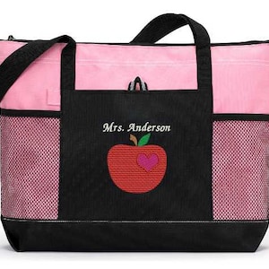 Personalized Teacher Tote Apple w/ Heart Zippered Embroidered Tote Bag w/ Mesh Pockets, Gift for Teacher, Teacher Bag, Teacher Appreciation image 4