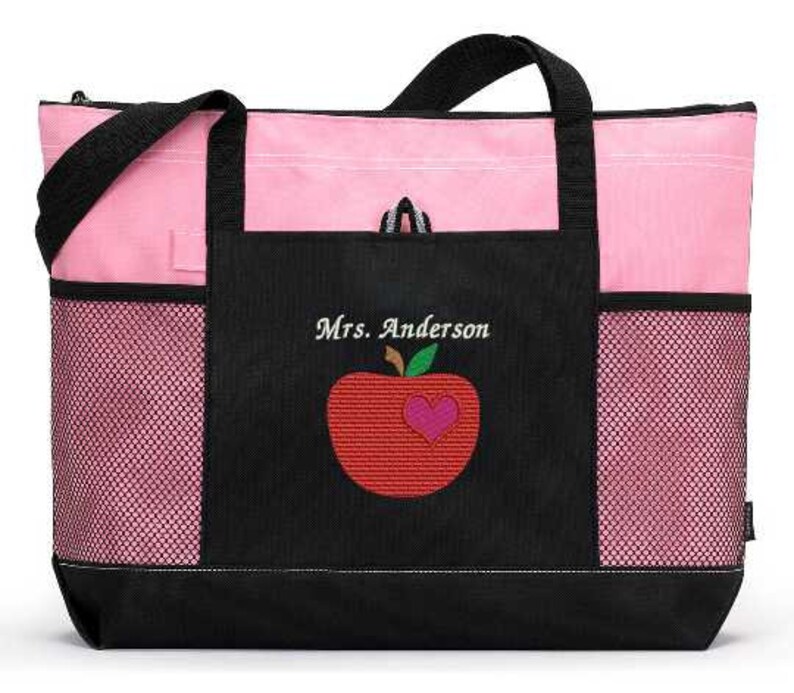 Personalized Teacher Tote Apple w/ Heart Zippered Embroidered Tote Bag w/ Mesh Pockets, Gift for Teacher, Teacher Bag, Teacher Appreciation image 4