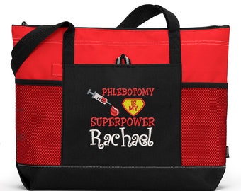 Phlebotomy is my Superpower Embroidered Zippered Tote Bag With Mesh Pockets, Beach Bag, Boating