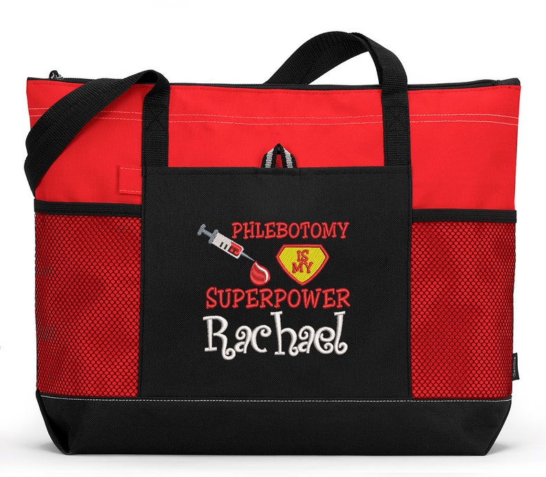 Phlebotomy is my Superpower Embroidered Zippered Tote Bag With Mesh Pockets, Beach Bag, Boating image 1