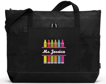 Crayons Teacher Personalized Tote Zippered Embroidered tote Bag With Mesh Pockets, Teacher Bag, Gift for Teacher, Teacher Appreciation