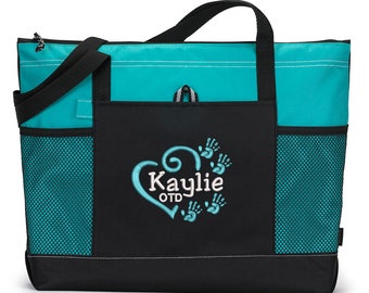 Heart Handprints Occupational Therapist Personalized Embroidered Tote Bag