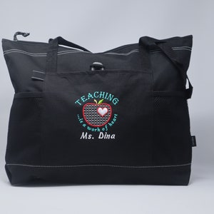 Teaching is a Work of Heart Personalized Tote Zippered Embroidered tote Bag With Mesh Pockets, Beach Bag image 9