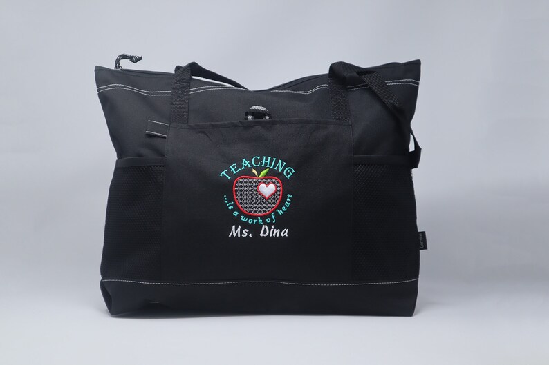 Teaching is a Work of Heart Personalized Tote Zippered Embroidered tote Bag With Mesh Pockets, Beach Bag image 9