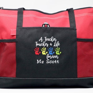 A Teacher Touches a Life Forever Personalized Tote Zippered Embroidered tote Bag, Gift for Teacher, Teacher Appreciation image 7