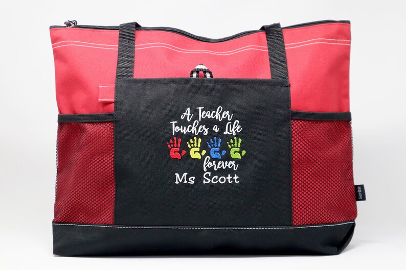 A Teacher Touches a Life Forever Personalized Tote Zippered Embroidered tote Bag, Gift for Teacher, Teacher Appreciation image 7