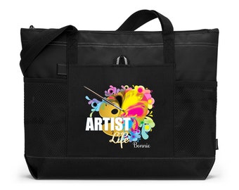 Personalized Artist Palette Tote Bag with Mesh Pockets, Gift for Artist, Art Teacher