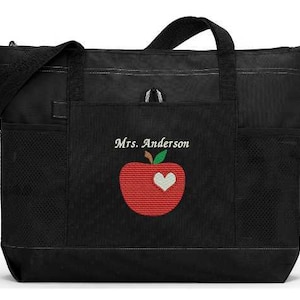 Personalized Teacher Tote Apple w/ Heart Zippered Embroidered Tote Bag w/ Mesh Pockets, Gift for Teacher, Teacher Bag, Teacher Appreciation