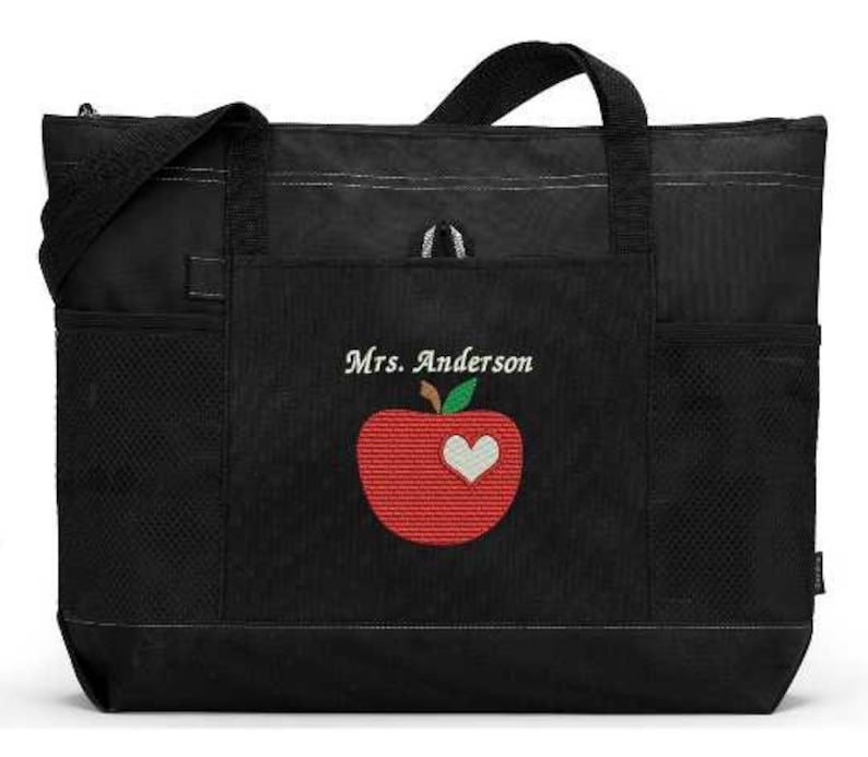 Personalized Teacher Tote Apple w/ Heart Zippered Embroidered Tote Bag w/ Mesh Pockets, Gift for Teacher, Teacher Bag, Teacher Appreciation image 1