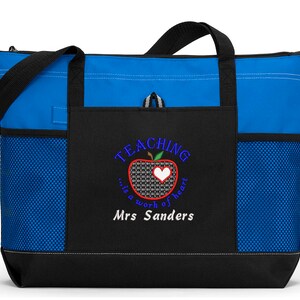 Teaching is a Work of Heart Personalized Tote Zippered Embroidered tote Bag With Mesh Pockets, Beach Bag image 3