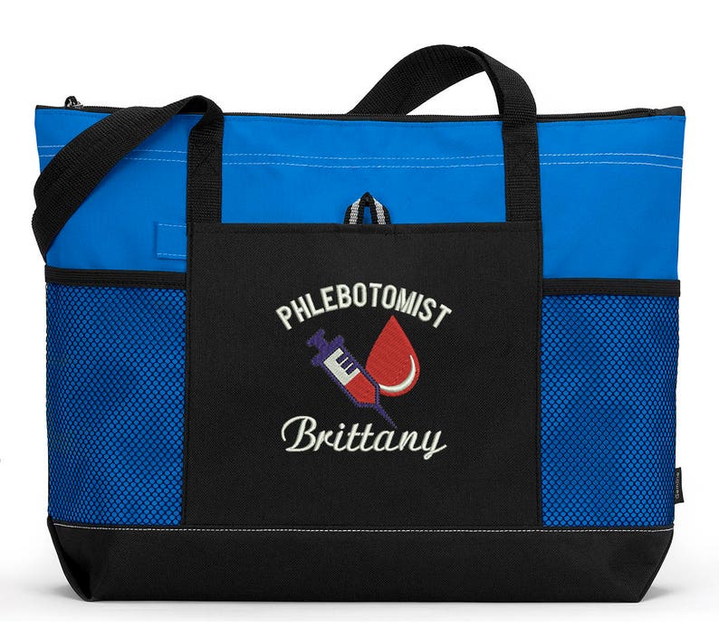 Phlebotomist Personalized Embroidered Zippered Tote Bag With Mesh Pockets, Beach Bag, Boating image 2