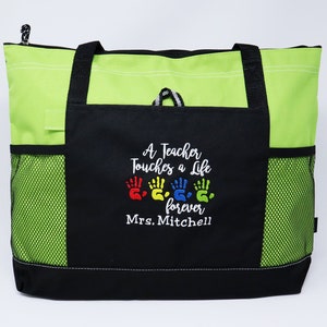 A Teacher Touches a Life Forever Personalized Tote Zippered Embroidered tote Bag, Gift for Teacher, Teacher Appreciation image 10