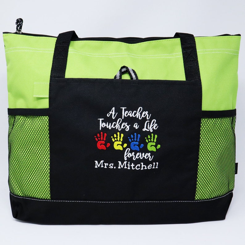 A Teacher Touches a Life Forever Personalized Tote Zippered Embroidered tote Bag, Gift for Teacher, Teacher Appreciation image 10