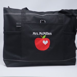 Personalized Teacher Tote Apple w/ Heart Zippered Embroidered Tote Bag w/ Mesh Pockets, Gift for Teacher, Teacher Bag, Teacher Appreciation image 7