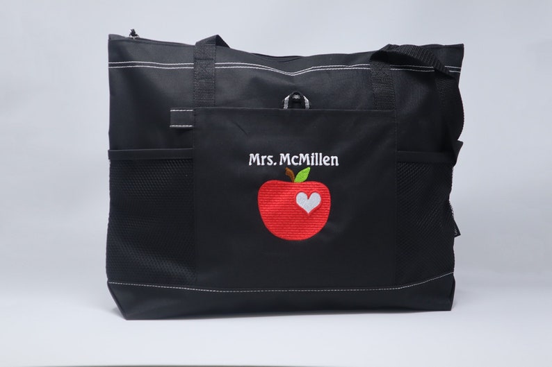 Personalized Teacher Tote Apple w/ Heart Zippered Embroidered Tote Bag w/ Mesh Pockets, Gift for Teacher, Teacher Bag, Teacher Appreciation image 7