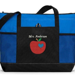 Personalized Teacher Tote Apple w/ Heart Zippered Embroidered Tote Bag w/ Mesh Pockets, Gift for Teacher, Teacher Bag, Teacher Appreciation image 2