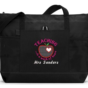 Teaching is a Work of Heart Personalized Tote Zippered Embroidered tote Bag With Mesh Pockets, Beach Bag image 2