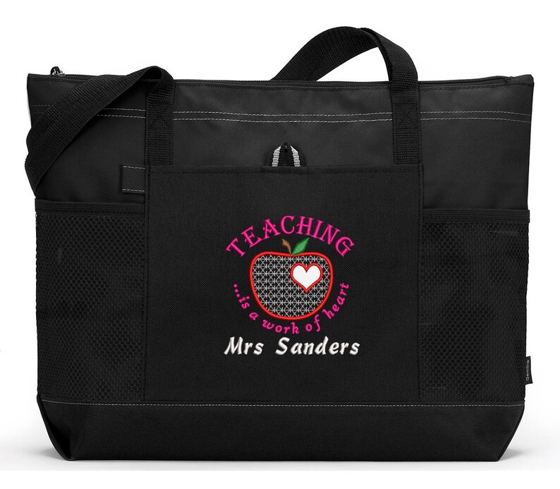 Teaching is a Work of Heart Personalized Tote Zippered Embroidered tote Bag With Mesh Pockets, Beach Bag image 2