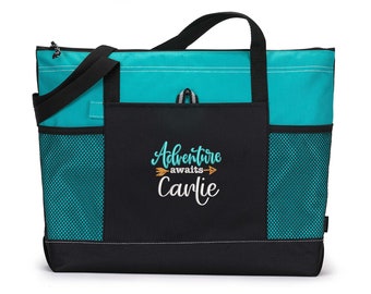 Adventure Awaits Arrow Embroidered Travel Tote Bag with Mesh Pockets