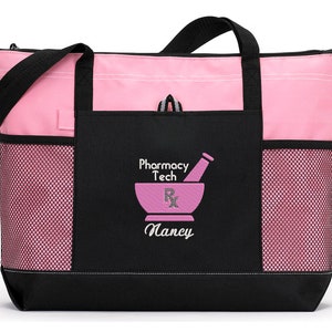 Personalized Pharmacy Tech/Pharmacist Zippered Embroidered tote Bag With Mesh Pockets, Personalized Gift image 3