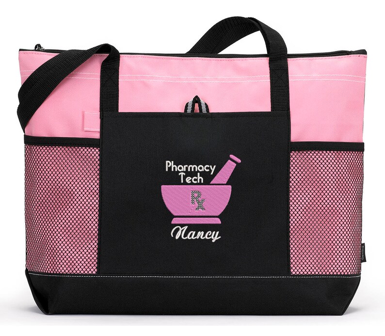 Personalized Pharmacy Tech/Pharmacist Zippered Embroidered tote Bag With Mesh Pockets, Personalized Gift image 3