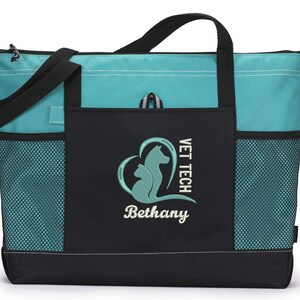 Vet Tech Animal Love Embroidered Zippered Tote Bag With Mesh Pockets, Beach Bag, Boating