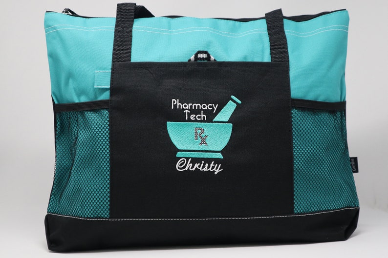 Personalized Pharmacy Tech/Pharmacist Zippered Embroidered tote Bag With Mesh Pockets, Personalized Gift image 8