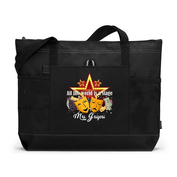 Drama All the World is a Stage Personalized Tote Bag with Mesh Pockets, Teacher Gifts, Drama Teacher, Theatre Instructor