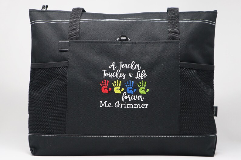 A Teacher Touches a Life Forever Personalized Tote Zippered Embroidered tote Bag, Gift for Teacher, Teacher Appreciation image 8