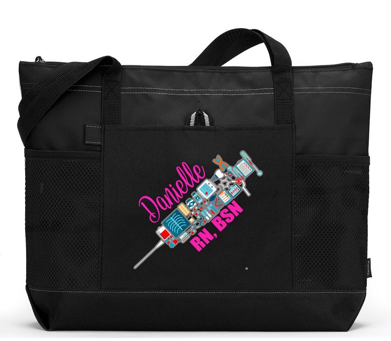 Personalized Nursing Syringe / Phlebotomist, Rn, Lpn, Cna, Cma Tote Bag with Mesh Pockets image 1