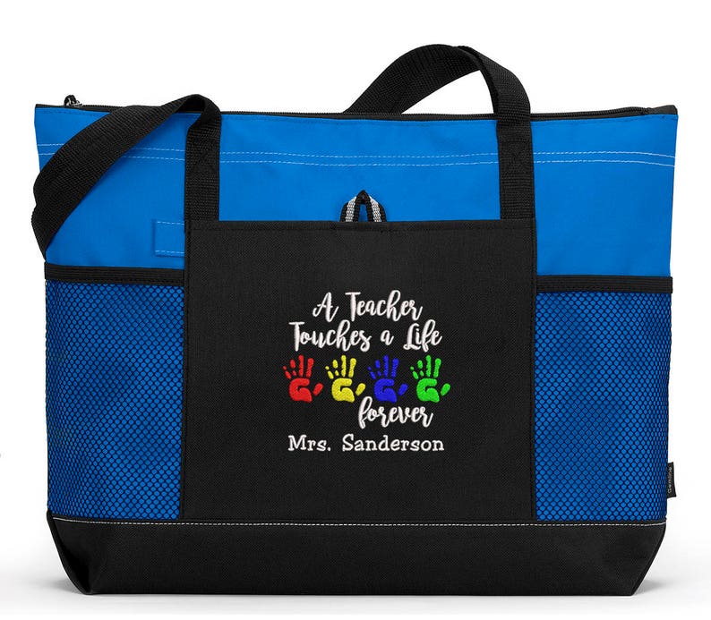 A Teacher Touches a Life Forever Personalized Tote Zippered Embroidered tote Bag, Gift for Teacher, Teacher Appreciation image 2