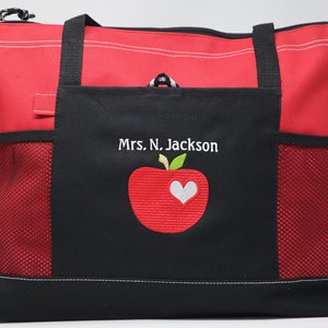 Personalized Teacher Tote Apple w/ Heart Zippered Embroidered Tote Bag w/ Mesh Pockets, Gift for Teacher, Teacher Bag, Teacher Appreciation image 8