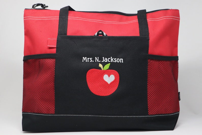 Personalized Teacher Tote Apple w/ Heart Zippered Embroidered Tote Bag w/ Mesh Pockets, Gift for Teacher, Teacher Bag, Teacher Appreciation image 8