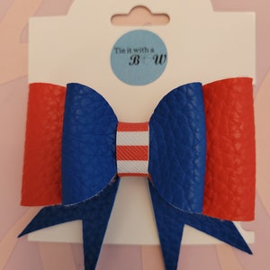 Red White and Blue faux leather hair bow 4th of July  Independence Day hair bow School Spirit Uniform girls hair bow Holiday Girls clip