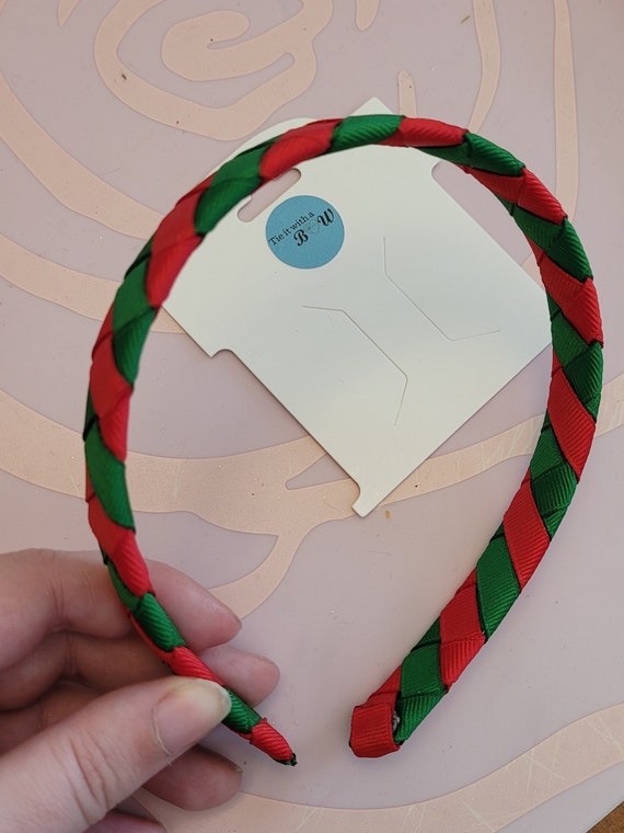 Woven Red, Green, and White headband. Colorful HEADBANDS, CHRISTMAS, Red Green Candy Cane Stripe  main image 3