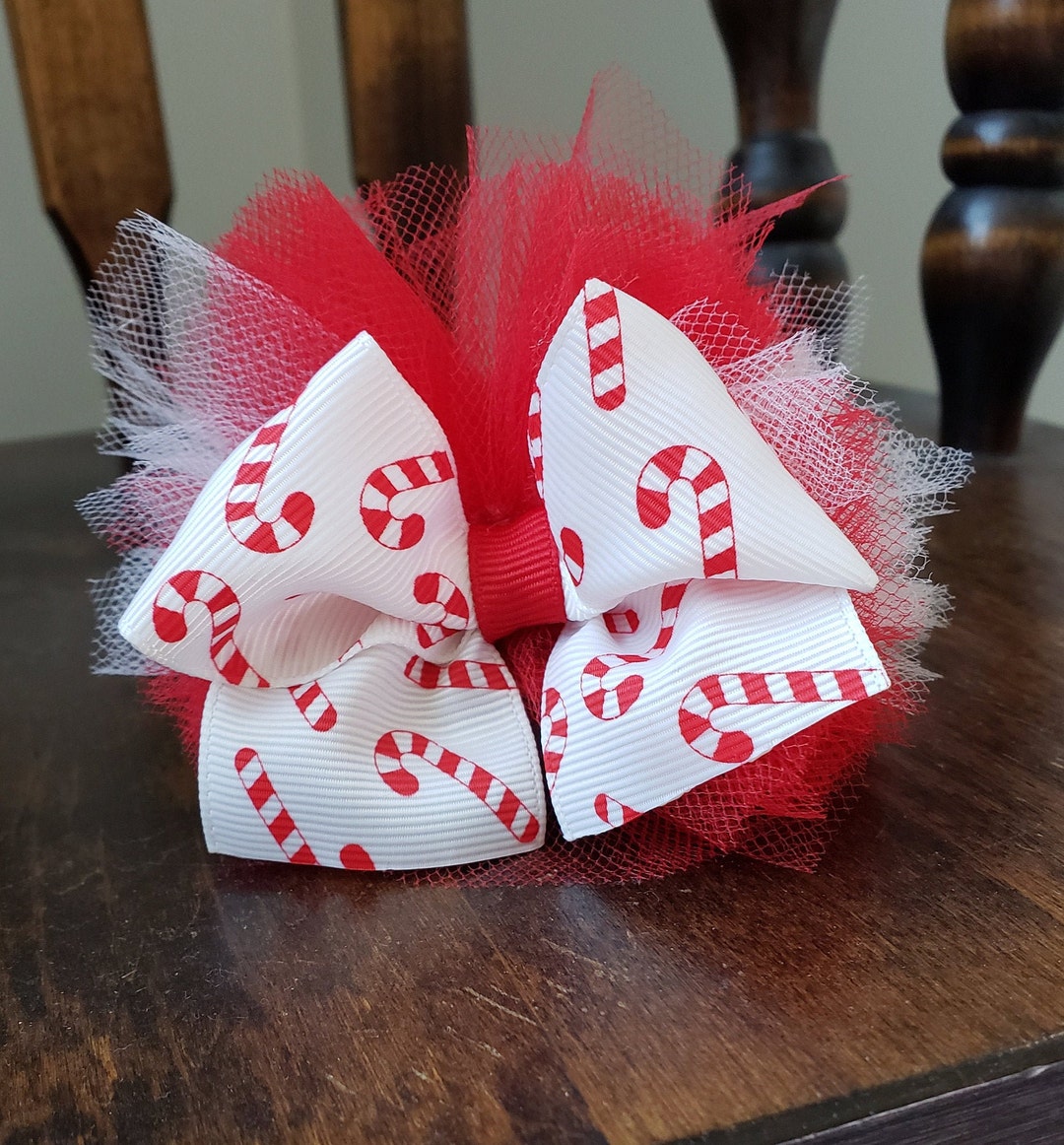 Candy Cane Two Toned Red and White Tulle Puff Hair Bow - Etsy