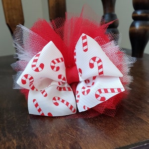 Candy cane two toned Red and white tulle puff hair bow