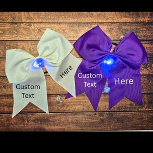Può includere: Due grandi fiocchi per capelli, uno bianco e uno viola, ciascuno caratterizzato da una luce blu brillante al centro e dal testo stampato Custom Text Here. I fiocchi sono realizzati in tessuto testurizzato e fissati a elastici neri.