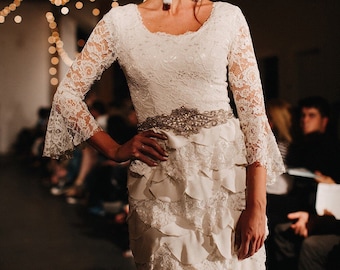 Silk and Lace Wedding Gown with Bell Sleeves and Scalloped Skirt - Sample - Size 6