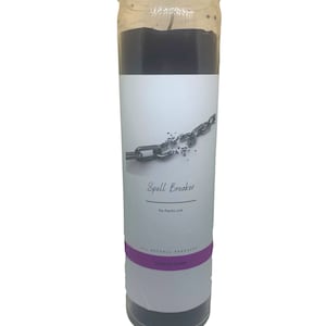 May include: A black glass candle with a white label that says "Spell Breaker" and "The Psychic Line". The label also has a graphic of a broken chain. The bottom of the candle has a purple label that says "All Natural Products" and "Spiritual Candles".