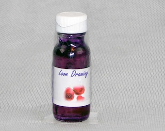 May include: A small purple glass bottle with a white lid and a label that says "Love Drawing". The label also features a pink rose with a heart.