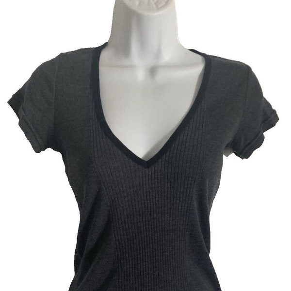 VTG Y2K Juicy Couture Women Ribbed Top Size S Charcoal Grey V-Neck Short Sleeves