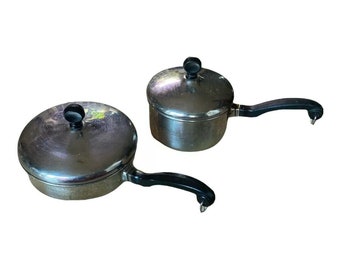 VTG Farberware Aluminum Clad Stainless Steel 1qt Sauce Pan & 7" Frypan w/Lid Made in USA