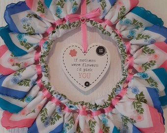 Handmade one of a kind French vintage floral handkerchief wreath with wooden centre plaque for Mother (19173)