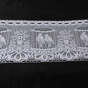 French vintage white lace net cafe curtains / pelmet with pictures of birds in a cage 28 cm length  (18307-18308) G76 vp